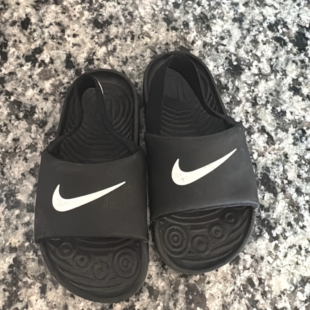Nike Kids Black Slide Sandals with White Swoosh Logo